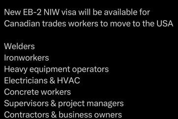 New EB-2 NIW visa will be available for Canadian trade workers to move to the US